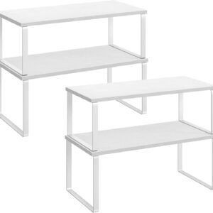 SONGMICS Cabinet Organizer Shelf, Set of 4 Kitchen Counter Shelves, Kitchen Storage, Spice Rack, Stackable, Expandable, Metal and Engineered Wood, Cloud White and Snow White UKCS028W01