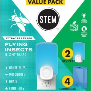 STEM Flying Insect Trap - Indoor Fruit Fly & Gnat Catcher for Home, Kitchen & Any Room, Attracts & Traps Bugs, Soft Blue UV Light - Includes 2 Plug-in Devices & 4 Cartridges