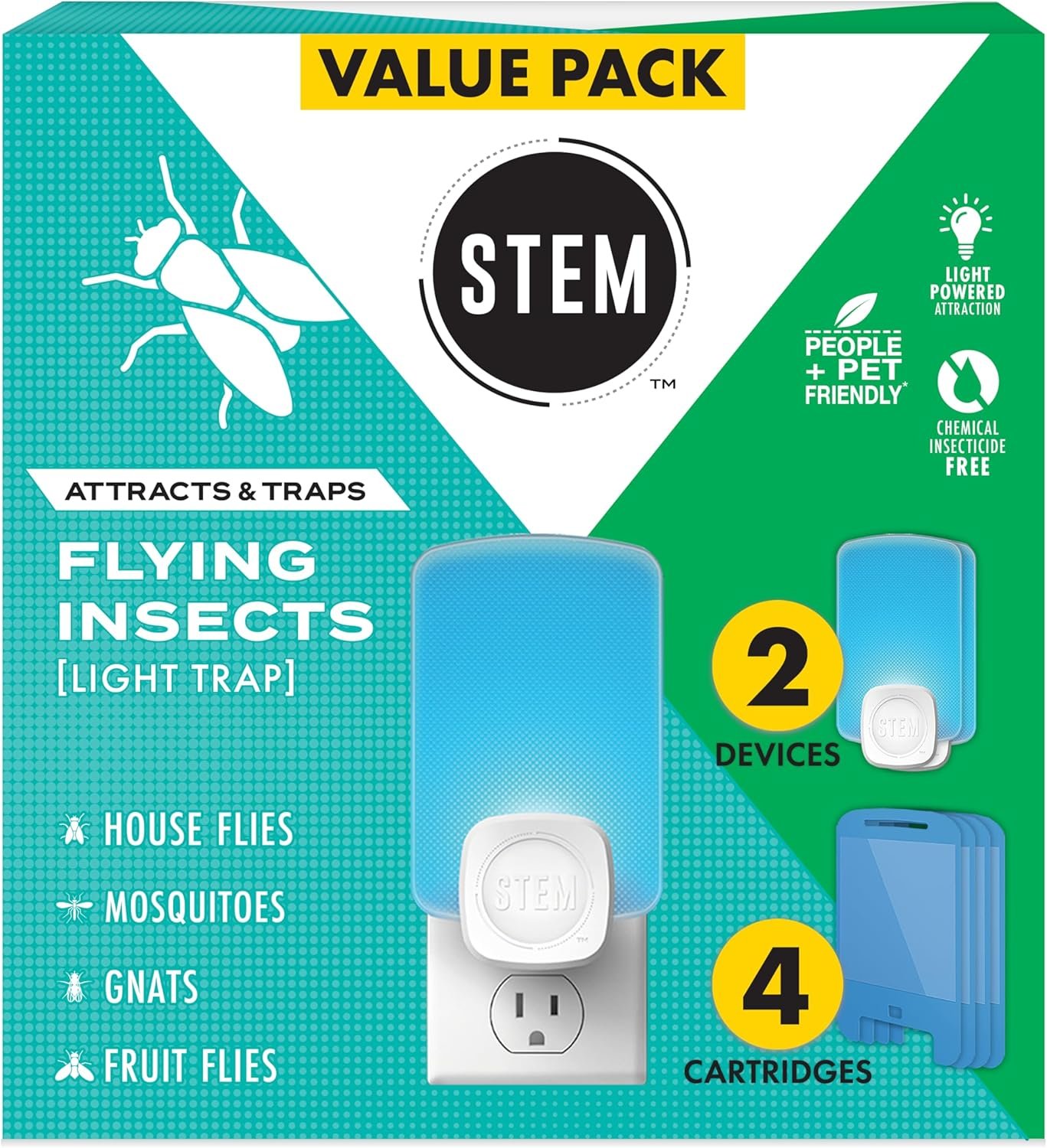 STEM Flying Insect Trap - Indoor Fruit Fly & Gnat Catcher for Home, Kitchen & Any Room, Attracts & Traps Bugs, Soft Blue UV Light - Includes 2 Plug-in Devices & 4 Cartridges
