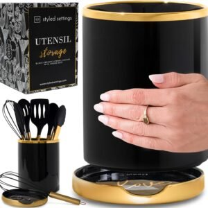 STYLED SETTINGS Black and Gold Utensil Holder with Built-in Spoon Rest - 2 PC Large Ceramic Utensil Holder Includes Black & Gold Spoon Rest - Luxury Kitchen Accessories - Utensils Not Included