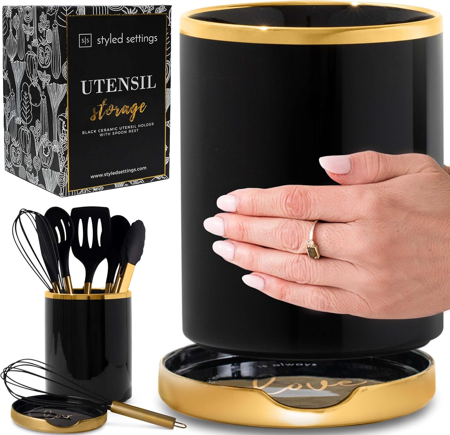 STYLED SETTINGS Black and Gold Utensil Holder with Built-in Spoon Rest - 2 PC Large Ceramic Utensil Holder Includes Black & Gold Spoon Rest - Luxury Kitchen Accessories - Utensils Not Included