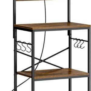 SUPERJARE Kitchen Bakers Rack with Power Outlet, Coffee Bar Table 4 Tiers, Kitchen Microwave Stand with 6 S-shaped Hooks, Storage Shelf Rack for Spices, Pots and Pans - Rustic Brown
