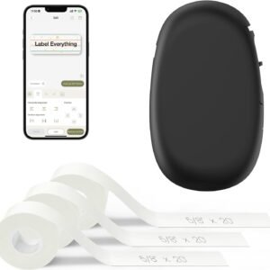 SUPVAN E10 Bluetooth Label Maker Machine with 3 Tapes, Continuous Waterproof Label, Versatile App with 35 Fonts and 1k+ Icons, Inkless Labeler for Home, Kitchen, School, Office Organization, Black