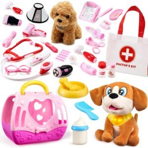 SYNCFUN Doctor Kit and JOYIN Plush Dog Toys for Kids, 22 PCS Veterinarian Playset for Kids, Vet Kit with Dog Toy, Interactive Puppy Toy with Button, Lights & Sounds, Pet Care Set with Carrier