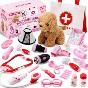 SYNCFUN Doctor Kit for Girls, 22 PCS Veterinarian Playset for Kids, Vet Kit with Dog Toy, Stethoscope, Storage Bag and Accessories,Role Play for Toddlers 3 4 5 6, Easter Basket Stuffers Birthday Gifts