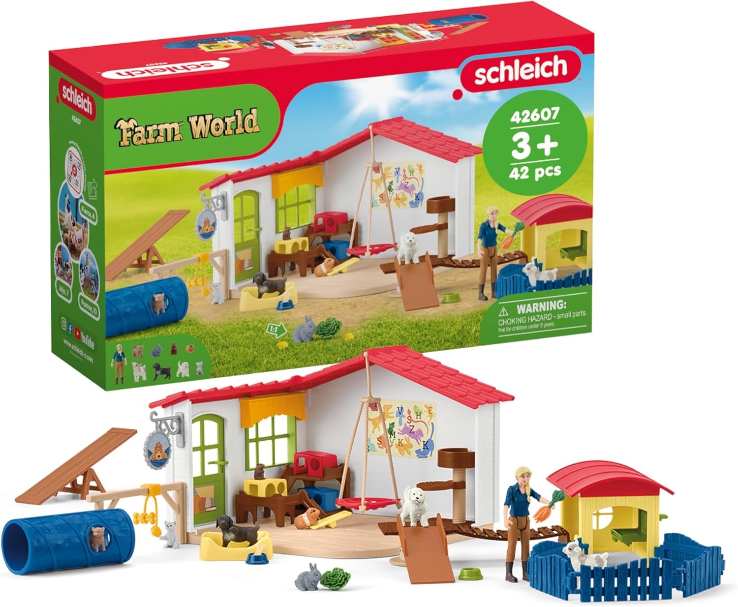 Schleich Farm World - 54PC Baby Animal Hotel Playset with Cute Pets, Caretaker and Movable Accessories - Realistic Animal Figurine Play Set - Fun Educational Toys for Kids and Toddlers Ages 3+ | 42607