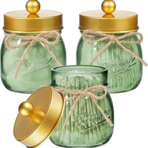 SheeChung Green Glass Qtip Holder Dispenser, Mason Jar Apothecary Jars with Lids, Bathroom Organizers and Storage, Vanity Countertop Canisters Set for Cotton Swab, Ball, Pad, Floss Pick-Gold, 3 Pack