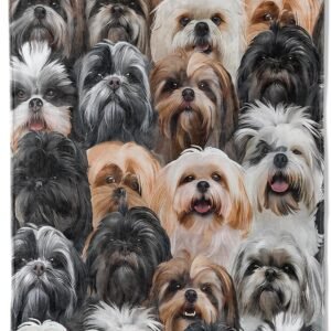 Shih Tzu Dog Lover Blanket 50×60 Inch,Hyperrealistic Puppy Face Collage Lightweight Flannel Throw with Long Hair Toy Breeds,Bold and Cool Animal Decor,Gifts for Kids, Teens,Pet Fans
