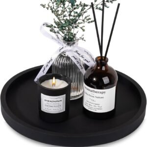Silicone Bathroom Tray Round Vanity Tray Decorative Soap Holder Kitchen Countertop Organizer Coffee Table Decor for Candle, Perfume, Plant, 9 Inch, Black