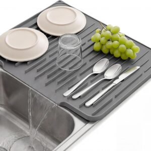 Silicone Dish Drying Mat for Kitchen Counter, Foldable & Heat Resistant Drying Pad with 5° Slope & Wide Drain, 15x12 Inch Non-slip Sink Mat for Bathroom and Countertop.(Dark Grey）