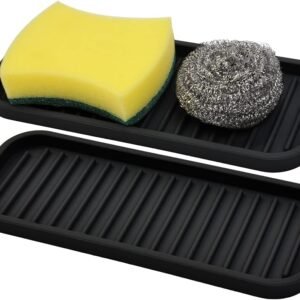 Silicone Sponge Holder Kitchen Sink Organizer Tray Dish Caddy Soap Dispenser, Scrubber Spoon Holder,Dishwashing Accessories 2 Pack (Black)