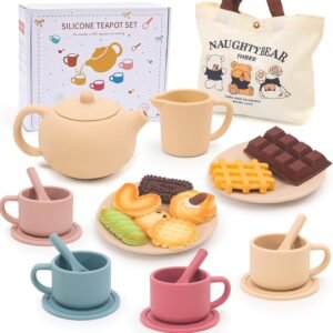 Silicone Tea Party Set for Little Girls Kids Toddlers Tea Set with Tea Pot Cups Food Pretend Play Kitchen Accessories Christmas Birthday Gift for Girls Age 3 4 5 6 Year Old Toys