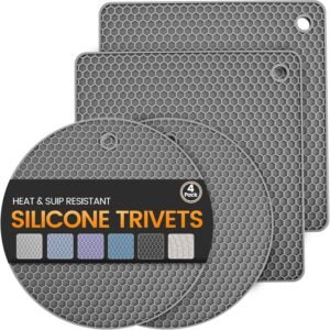 Silicone Trivet Mats 4 Heat Resistant Pot Holders Multipurpose Non-Slip Hot Pads for Kitchen Potholders, Drying mat, Jar Opener, Spoon Holder, Coaster.(Dark Grey)