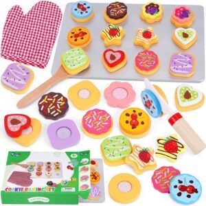 Slice and Bake Wooden Cookie Play Food Set for Kids Kitchen - Toy Food Accessories - Kids Pretend Cookies and Baking Sheet, Toy Baking Set for 3+ Year Old Boys Girls Birthday Gifts