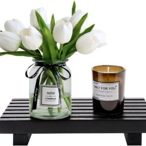 Small Bathroom Counter Organizer Tray Decorative Wood Display Pedestal Stand Kitchen Counter Soap Tray Wooden Risers for Bathroom Sink Accessories Vanity Black Bathroom Decor Dish Soap Holder