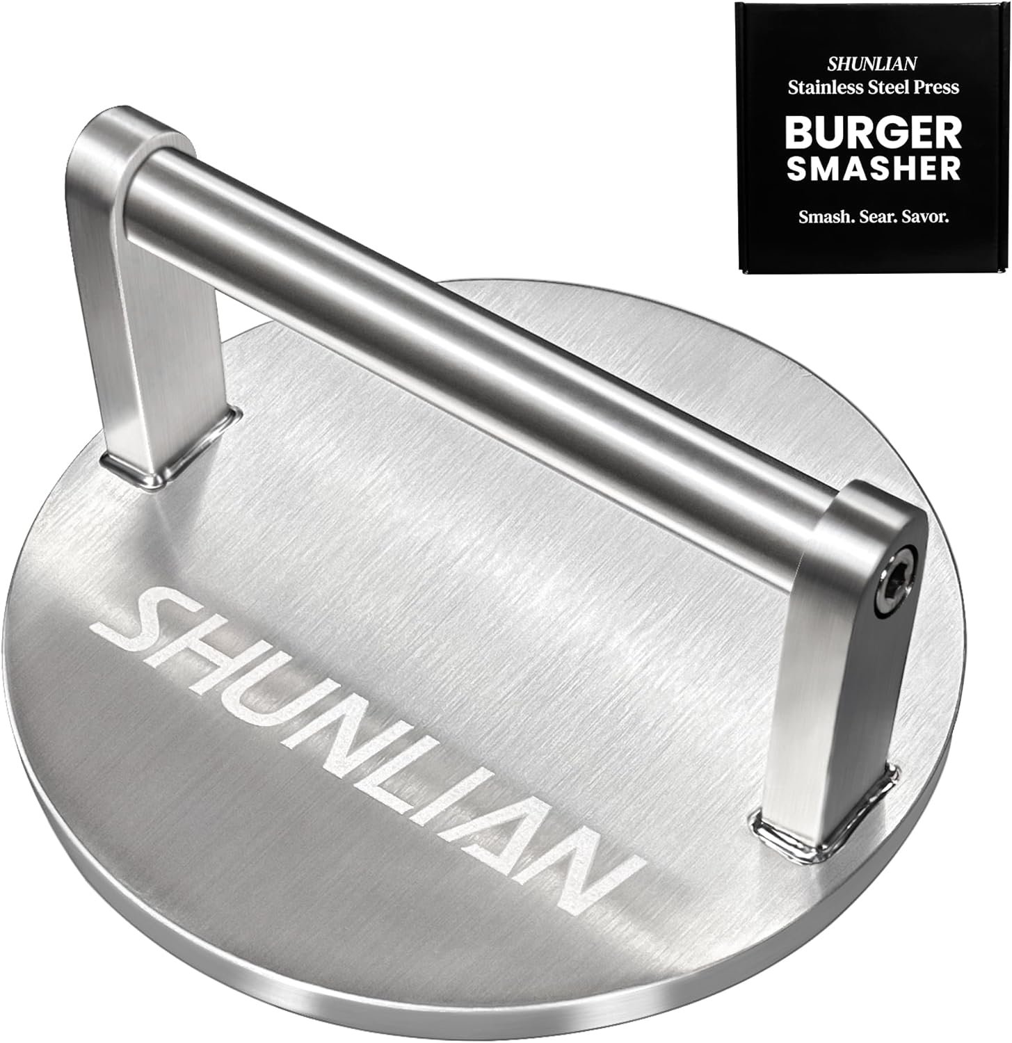 Smash Burger Press, 6 Inch Heavy Duty Burger Smasher Tool, 3.1lb Non-Stick Smooth Stainless Steel Grill Press for Flat Top Griddle, BBQ & Kitchen Use, Ground Beef, Meats, Bacon, Steak