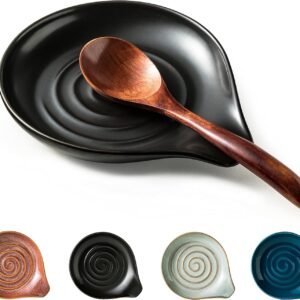 Spoon Rest, Porcelain Drip Tray for Multiple Utensils, Cooking&Large Spoon Holder for Stove Top, Modern Farmhouse Kitchen Decor Utensil Holder for Spoons, Ladles, Tongs&Spatula, Black