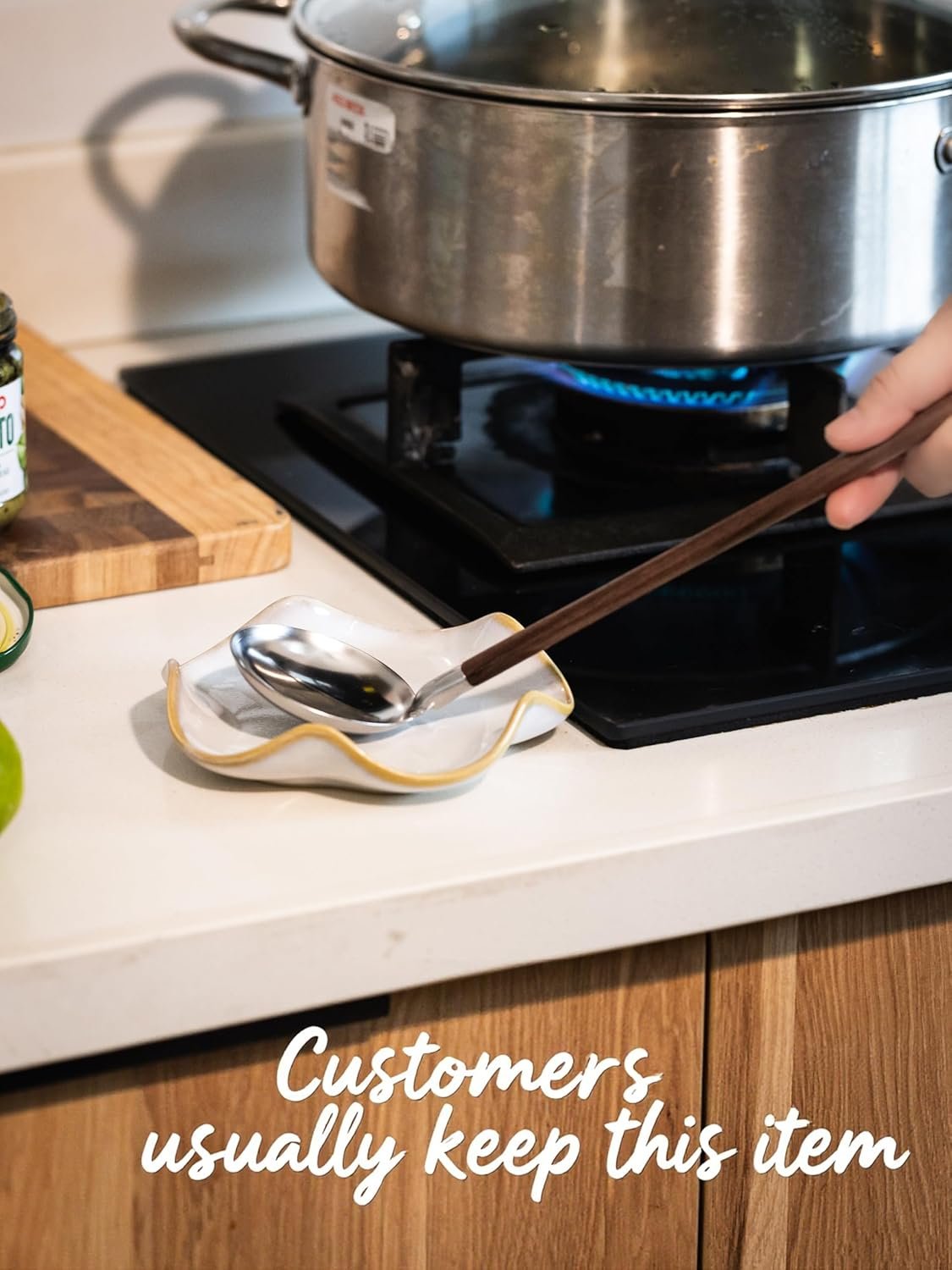 Spoon Rest for Stove Top, Spoon Holder for Stove, 5.3In Ceramic Spoon Rest for Kitchen Counter, Coffee Spoon Holder with Ruffled Edge, Farmhouse Spatula Holder for Kitchen Decor, Beige - Image 2