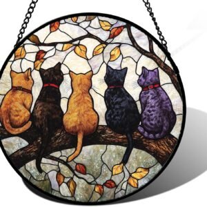 Stained Glass Window Hanging - 5 Cats on a Branch Suncatcher for Window Doors Home Decoration and Christmas, Mother's Day Father's Day Birthday Gifts for Women, Men, and Mom 6.3x6.3 in