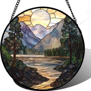 Stained Glass Window Hanging, Sunset Mountains Lake Tree Sun Catcher for Window Home Decor Landscape Suncatcher Mother's Day Birthday Gifts for Women Men Mom and Nana 9.8 in