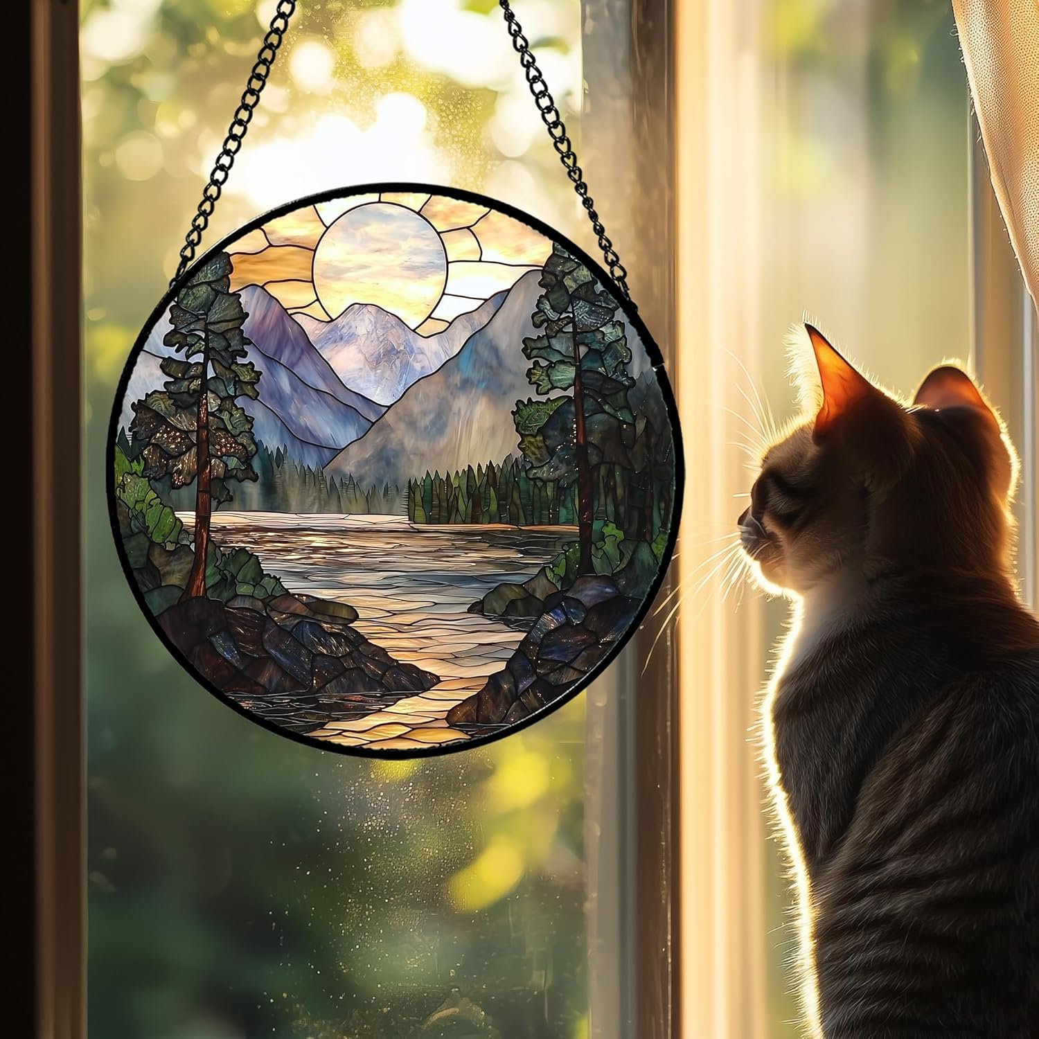 Stained Glass Window Hanging, Sunset Mountains Lake Tree Sun Catcher for Window Home Decor Landscape Suncatcher Mother's Day Birthday Gifts for Women Men Mom and Nana 9.8 in - Image 2