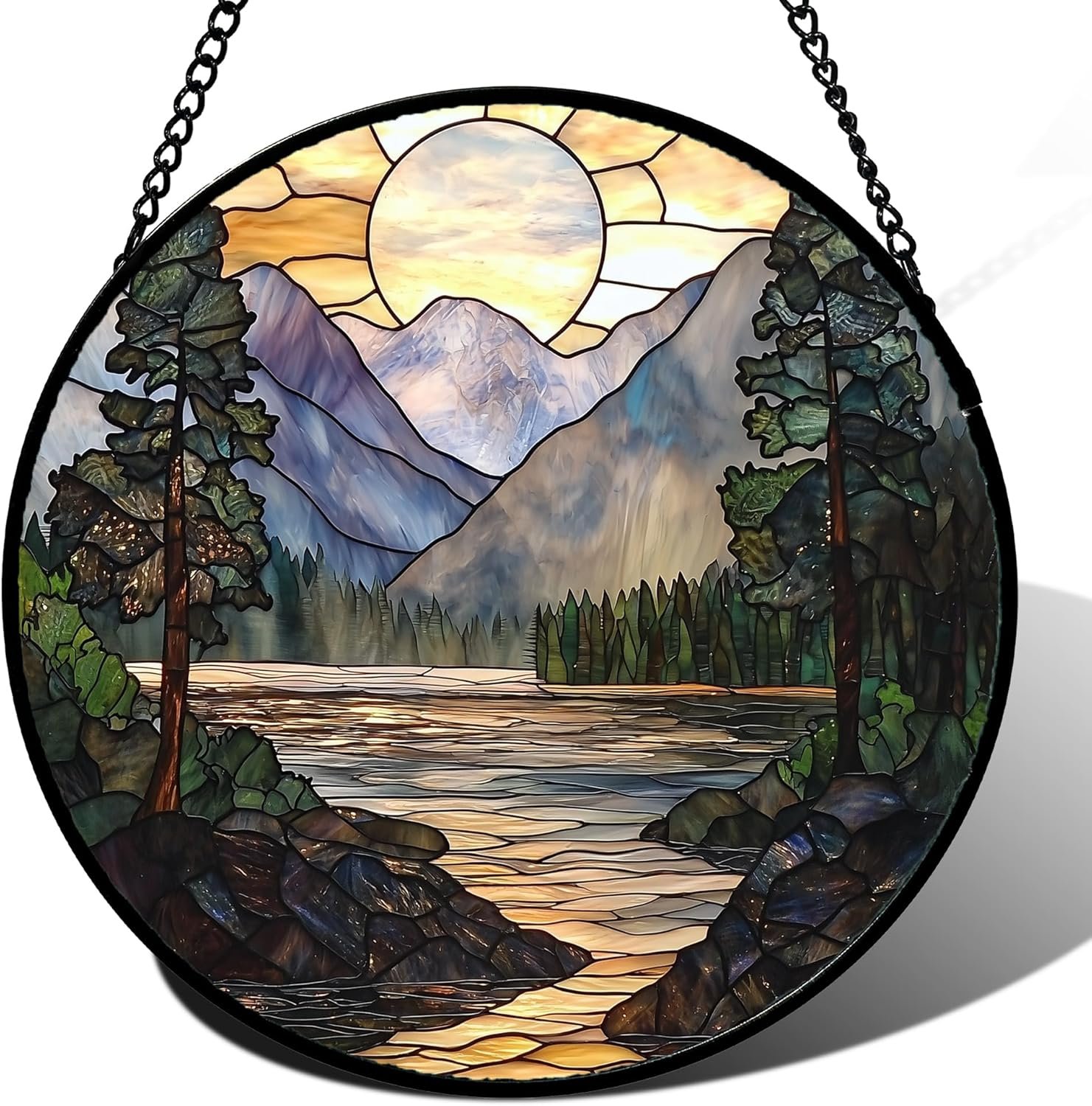 Stained Glass Window Hanging, Sunset Mountains Lake Tree Sun Catcher for Window Home Decor Landscape Suncatcher Mother's Day Birthday Gifts for Women Men Mom and Nana 9.8 in