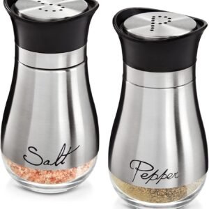 Stainless Steel Salt and Pepper Shaker Set with Glass Bottom, Perforated "S" and "P" Caps - Modern Kitchen Counter Decor (4oz)