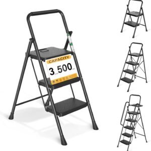 Step Ladder, Folding Step Stool with Wide Anti-Slip Pedals, Sturdy Steel Ladder with Handrail, Space-Saving, Portable for Home & Adults, 3 Step Ladder