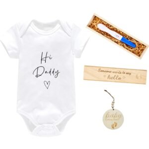 Surprise Pregnancy Announcements for Dad Pregnancy Test Keepsake Box Wooden Baby Announcement Box Hi Daddy Bodysuit Pregnancy Reveal Baby Gift Sets for Husband Partner