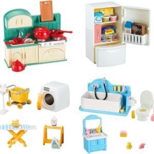 TAKIHON Dollhouse Furniture, Kitchen & Bathroom Toy Set,Fridge Washing Machine Set for Kids,Dollhouse Miniature Accessories,Educational Pretend Play Toys for Toddler,Boys & Girls