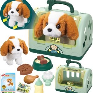 TEUVO Pet Care Play Set Robot Dog Toys for Kids, 12Pcs Kids Pretend Play Feeding Walk Bark Puppy Pet Toys with Interactive Electric Dog Plush & Cage, Xmas Gifts for Girls Toddlers 3 4 5 6 7 Years Old