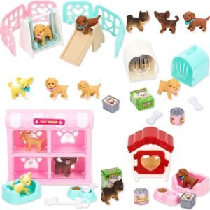 TQQFUN 32 PCS Dog Figures Play Set, Pet Care Center Pretend Play Set with Realistic Puppy Toys, Educational Gifts for Girls and Boys Ages 3 4 5 6