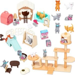 TQQFUN 43-Piece Cat Figurine Playset - Realistic Pet Care Center Role Play Toys for Kids, Toddlers, Boys and Girls