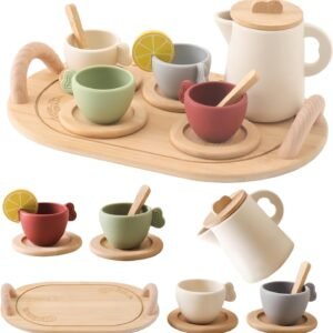 Tea Party Set for Kids, Wooden Tea Set for Little Girls and Boys, Kids Play Kitchen Accessories Toy Dishwasher Safe Tea Set for Toddler, Pretend Play Toddler Tea Set Ideal Christmas Birthday Gift