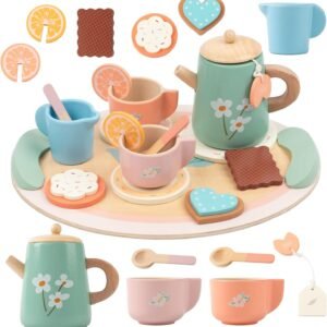 Tea Party Set for Little Girls, Wooden Kids Tea Set with Teapot Cups Coasters Carrying Dessert, Picnic Outdoor Toys Pretend Play Kitchen Accessories for 3 4 5 Years Old