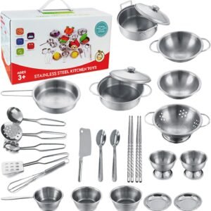 Tiny Classic Stainless Steel Kitchen Toys Cooking Utensils Set-Pretend Play Pots Pans Toy Cookware Kits for Kids Cooking Utensil Set Interactive Learning Role Play Educational Toys for Kids Mini Size
