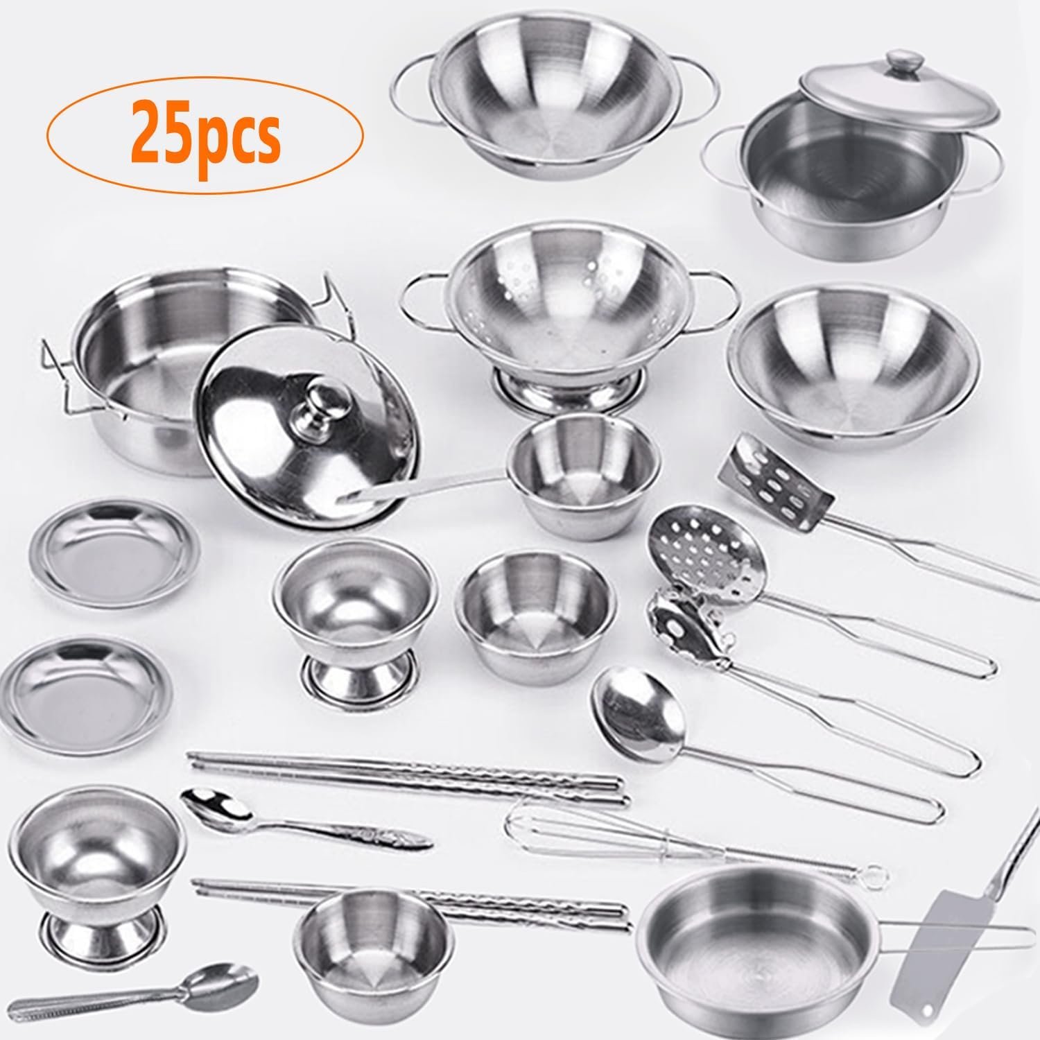 Tiny Classic Stainless Steel Kitchen Toys Cooking Utensils Set-Pretend Play Pots Pans Toy Cookware Kits for Kids Cooking Utensil Set Interactive Learning Role Play Educational Toys for Kids Mini Size - Image 2