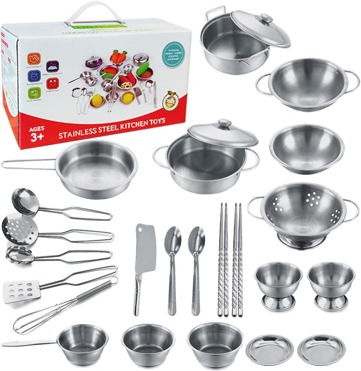 Tiny Classic Stainless Steel Kitchen Toys Cooking Utensils Set-Pretend Play Pots Pans Toy Cookware Kits for Kids Cooking Utensil Set Interactive Learning Role Play Educational Toys for Kids Mini Size