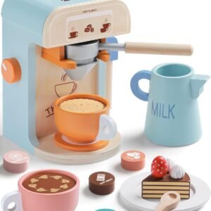Tiny Land Kids Coffee Maker Wooden Kitchen Toys - 17Pcs Toy Coffee Maker Playset - Wooden Play Toys, Play Kitchen Accessories for Girls & Boys