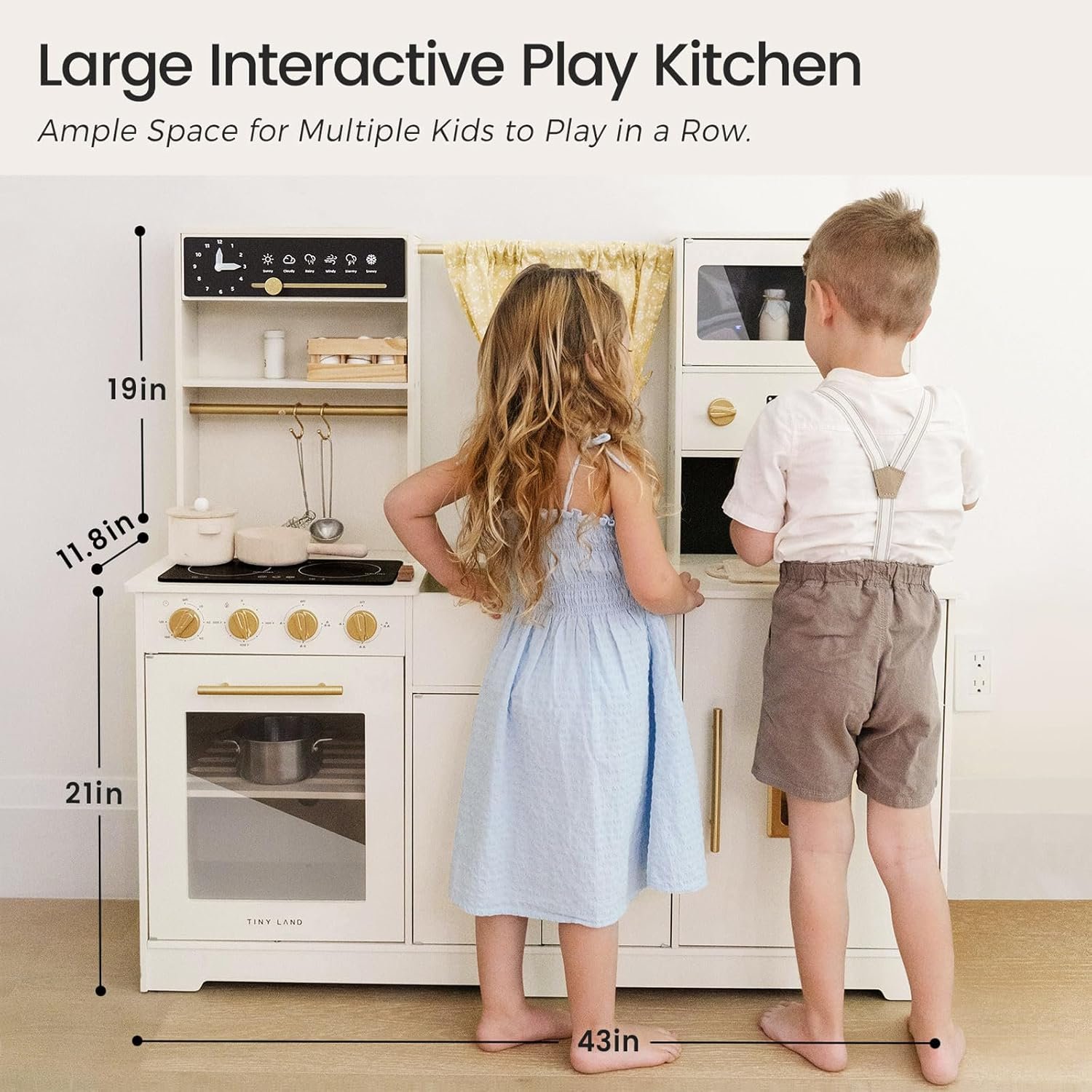 Tiny Land Play Kitchen for Kids, Toy Kitchen Set with Plenty of Play Features, New Modern Kids Wooden Play Kitchen Designed in Trendy Home Style with Curtains, Gift for Ages 3+ - Image 2