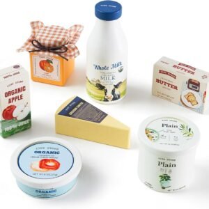 Tiny Land Wooden Dairy & Drinks Set – 7-Piece Pretend Food Toy with Milk, Juice & Cheese – Fun Wooden Play Kitchen Accessory for Toddlers & Kids Ages 3+