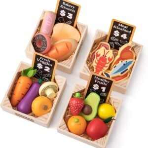 Tiny Land Wooden Play Food Sets for Kids Kitchen - 100% Wood 43 Pieces Kids Toy Food for Toddlers 3+ Year Old, Pretend Food Play Kitchen Accessories Set for Boys and Girls