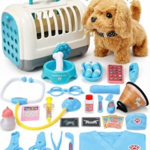 Toy Doctor Kit for Toddlers 3-5, Blue Pretend Play Boys Girls Toys with Electronic Interactive Dog, Stethoscope & Dress Up Costume, Educational Vet Role Playset Gift for Kids Ages 3 4 5