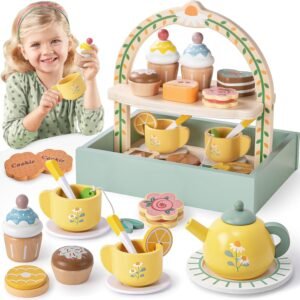 Toyssa Wooden Tea Party Set for Little Girls Toys Toddler Tea Set with Storage Cupcake Stand & Play Kitchen Accessories, Wooden Toys for Toddlers 3 4 5 6 Years Old, Birthday Kids Girls Gifts