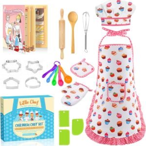 Toyze Birthday Gifts for 3-8 Year Old Girls Cute Stuff Apron for Girls Kids Cooking Sets Toddler Toys Kids Chef Hat and Apron Easter Christmas Stocking Stuffers White-with Cookbook