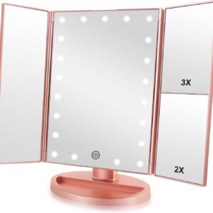 Trifold Makeup Mirror Vanity Mirror with Lights,1X 2X 3X Magnification,Touch Control,Adjustable Rotation,Dual Power Supply,Portable Travel Cosmetic Mirror,Birthday Gifts for Women,Teengirls