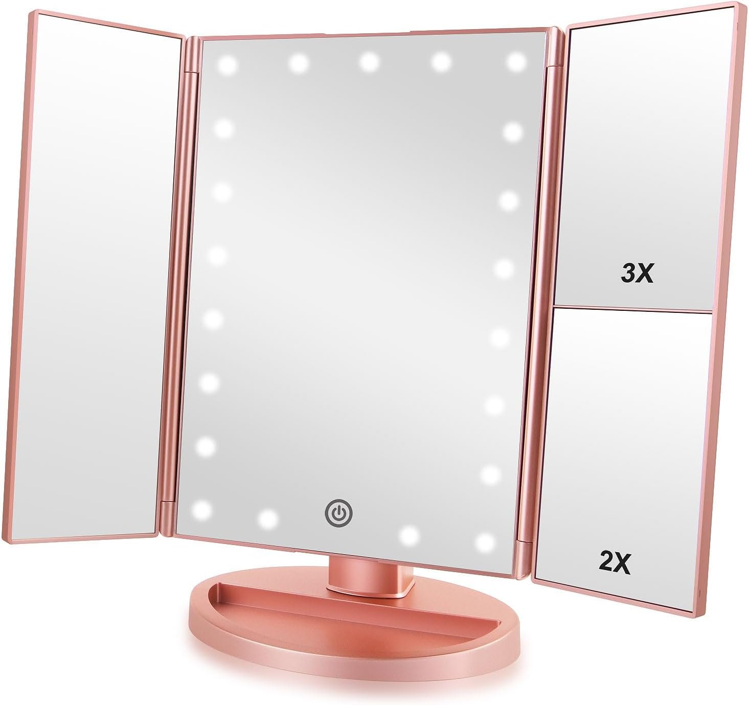 Trifold Makeup Mirror Vanity Mirror with Lights,1X 2X 3X Magnification,Touch Control,Adjustable Rotation,Dual Power Supply,Portable Travel Cosmetic Mirror,Birthday Gifts for Women,Teengirls