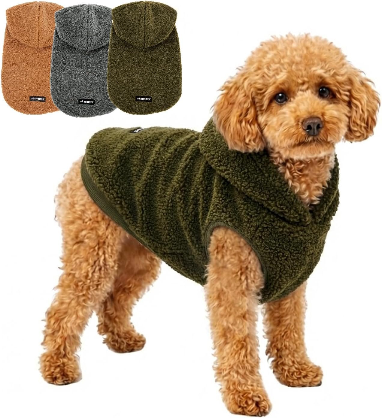 Tuff Pupper Fleece Dog Hoodie Sweater | Teddy Sherpa Outer & Soft Polar Fleece Lining | Adjustable Fit Winter Coat with Hood, Leash Hole, Ribbed Cuffs | For Small Medium Large XL XXL Dogs (Olive, XXS)