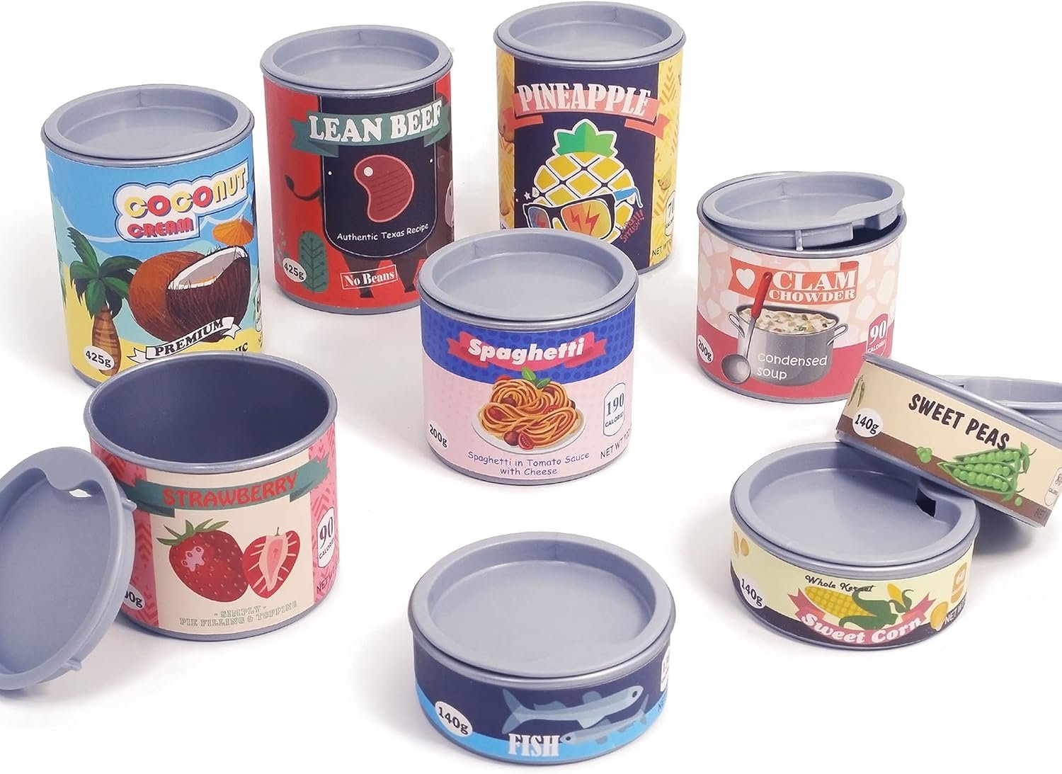 U DREAM Pretend Play Food Sets, Toy Canned Food for Kids, Kitchen Accessories, Grocery Store Pretend, 9 PCS Removable Lids