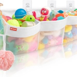 UNEEDE 3 Compartment Horizontal Bath Toy Organizer for Tub,Extra Large Capacity 4.95 Gallons Bath Toy Storage Holder,Mesh Quick Dry Bathtub Storage and Organizer,Easy Access Baby Bathtub Holder